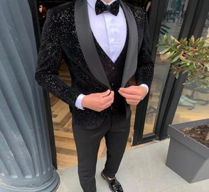 Sparkly Black Groom Tuxedos Mens Morning Suits Сцены косплей мужской вечерин