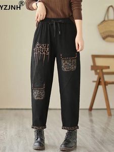 Jeans femminile yzjnh 2024 stampato leopardo autunno/inverno sciolto e casual pantaloni harem elastici pantaloni