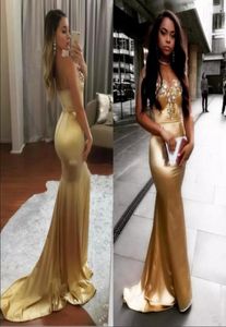 Gold Mermaid Prom Dresses With Sweetheart Beads Sequins African Evening Wear Back Zipper Cheap Party Gowns Vestidos Festa8790402