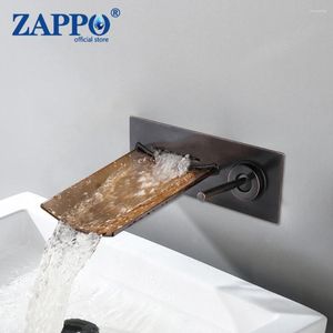Bathroom Sink Faucets ZAPPO ORB Black Faucet Glass Spout Waterfall Bathtub Single Handle Tap Mixer Wall Mounted