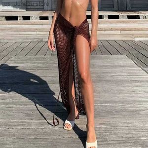 Kadın Mayo Grn Örme Plaj Etek Kadın Seksi Hollow Out Bikini Örtü Yaz Moda Bandage Uzun Tatil Etek 2024 1 T240415