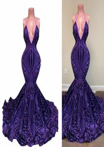 2022 Purple Sparkly Sequined Lace Prom Dresses Sexig rygglös grimma Deep V Neck African Girls Mermaid Sequin Long Women Formal EV4414212