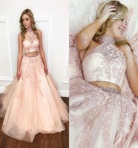 Blush Pink Two Piece Prom Dresses High Neck Appliques Lace Beaded Tulle Ball Gown Prom Dresses Sweet 16 Dresses9241153