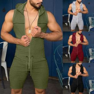 Pants Summer Men Casual Solid Color Sleeveless Jumpsuit Pockets Short Pants Hooded Romper with Pockets Male Fashion Rompers