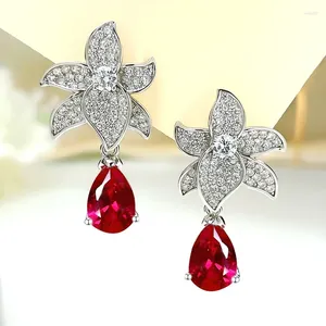 Stud Earrings Light Luxury Colorful Treasure Pure Silver Red Wedding Set With High Carbon Diamond Jewelry