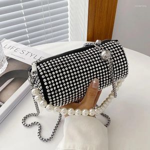 Bel Çantaları Rhinester Bag Kadınlar Basit Moda İnci Zinciri Tek Omuz Crossbody Yabancı Stil Parlak Matkap Silindir