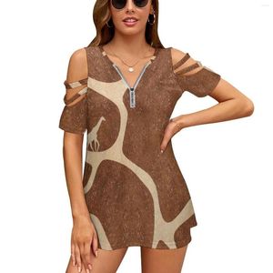 Damen T-Shirts Giraffe Druck und tierische Frauen Reißverschluss sexy gedruckte Vintage Tops Full T-Shirt Zoo Brown Gelb