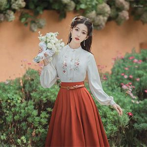 Work Dresses French Preppy Style Women 2 Piece Set For Autumn/Winter Vintage Outfit Skirt Nail Bead Chic Embroidered Shirt Pleated Belt