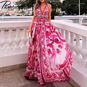 Casual Dresses Phantasy Pink Dress Bohemian Vacation Loose Up Floral Pattern Outfit V-Neck Hanging Neck Backless Romantic Lady