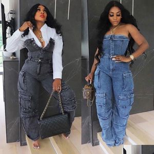 Women'S Jumpsuits & Rompers Womens Y Denim Jean Jumpsuit 2023 Women Winter Clothes Y2K Streetwear Pocket Baggy Pant Bodysuit 231106 D Dhk6L