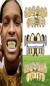 18k Real Gold Punk Hiphop CZ Zircon Poker Letters Vampire Teeth Fang Grillz Diamond Grills Hemas Tooth Cap Rapper Jewelry for COS6546912
