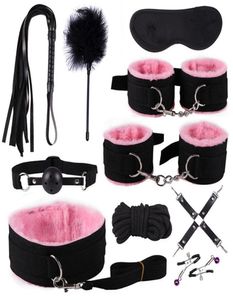 Nylon BDSM Sex Bondage Set Handschellen Brustwarzenklemmen Kragen Gag Whip Seil Paare Sexspielzeug für Erwachsene239U22K4584822