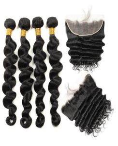 Is -How Indian Loose Deep Human Hair Pacéis com fechamento Kinky Curly reta 34 PCs com onda corporal peruana frontal de renda para WOME55569930