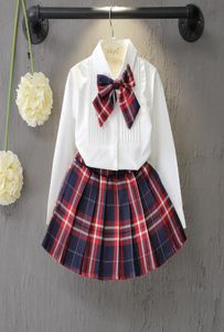 Saias de camisa xadrez para garotas para garotas Saias xadrezas de 2 peças Moda Autumn Sleeve Sleeve Set Spring Children Clothing Conjuntos de roupas1554521