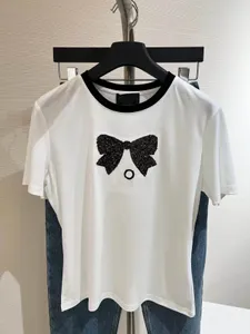 2024 Fashion Women's Cotton Sweet paljett Bow Tshirt Kvinnor O-hals Kort ärm Casual Loose Tops