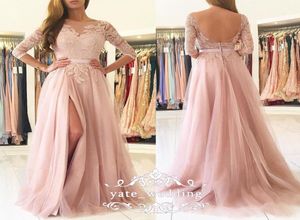 Blush Pink Prom Dresses Bateau Sheer Neck 34 Långa ärmar Spets tyll split sido golvlängd rygglös aftonklänningar festklänningar2263873