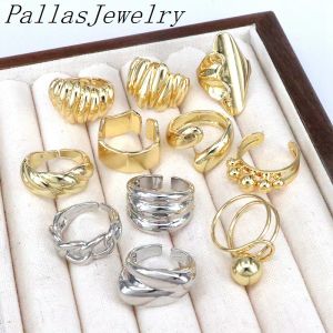 10pcs Multi Design 18K Gold Gładka Miedziana Tekstura Pierścień dla kobiet Charm Proste Srebrny Chunky Ring Biżuter