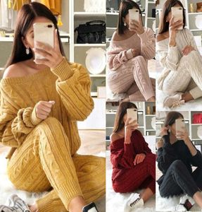 Damer O Neck Pullover Solid Color Tops Pants Outfits Women Christmas Sweater Autumn Winter Knitted2869677