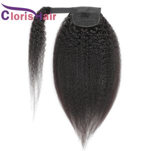 Kinky Straight Ponytails 100% Brazilian Human Hair Wrap Around Clip In Extensions For Black Women Coarse Yaki Real Pony Tail Hairpiece6201914