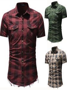 男性の格子縞のシャツ半袖スリムフィットポケット付き襟シャツ3色夏リッピングデニムシャツプラスサイズ3883131