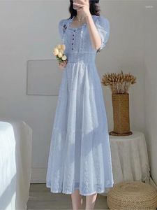 Abiti casuali in pizzo vintage abito da laccio midi venatura femminile 2024 estate floreale francese elegante festa principessa signore da ricamo vestiti da ricamo da donna