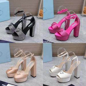 Designer Sandals womens Thick Sole Wedge Rhinestone Pumps Silk triangle buckle Evening Shoes luxury high heels 35-42