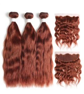Cor pura 33 onda natural Remy Human Hair Weaves 3 Pacotes de tecelagem com 13x4 Lace Frontal9819499