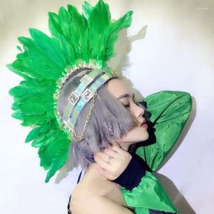 Scene Wear Nightclub Bar Female Singer Show Feather HeadDress Performance Accessories Apporatered Green White Rhinestones huvudbonader