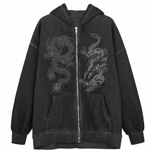 Damen Hoodies Sweatshirts China Dragon Y2K Hoodies Frauen Langarm Sweatshirt weibliche Straße Top Reißverschluss lose übergroße Fairy Grunge Sportkleidung Ins 240413