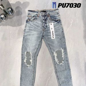 Jeans de marca roxa Moda de alta qualidade com buracos de rua em alta e reparada calça jeans apertada