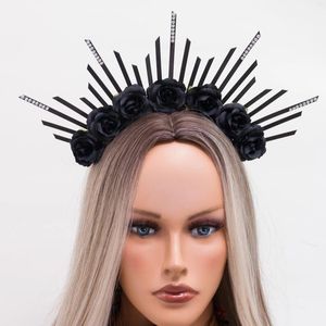 Kwiaty dekoracyjne 1PC Spiked Halo Crown z czarnymi różami Kwiat Kwiat Goddess Goddess Rose Sun for Hallowee Day of the Dead