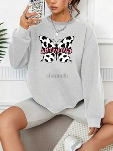 Kadın Hoodies Sweatshirts Butterfly Baskı Sıradan Gevşek Moda Uzun Kollu Külot Düz Renkli Kadınlar Sweatshirts 240413