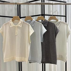 Magliette da donna 4 colori Donne perdita di cime a maglia casual primaverili 2024 bottoni a maniche corte girare la signora cashmere miscela di seta