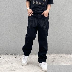 Herrenhosen Herren Y2K Emo Fashion Black Streetwear bestickt mit niedriger Steigung Baggy Jeans Hosen gerade Hip Hop Alt Jeans männliche Kleidung 2 DH9MV