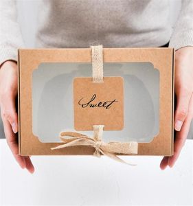 Present Wrap 10st/Lot Sweet Kraft Paper Box med Clear Window Biscuit Cupcake Packaging Decoration Bakery Brown Hanndbag Dragee6264149