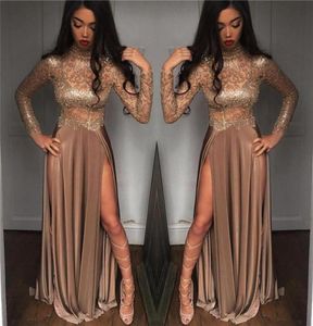 2019 African Gorgeous sexy Beaded Champagne Sequined Evening Dresses Long Sleeves Prom Gowns Vestidos Special Occasion Dresses Eve6123114