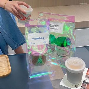 Förvaringspåsar högkvalitativ mjölkete förpackningspåse för avhämtning transparent bärbar plastrosa laser engång kaffegåva