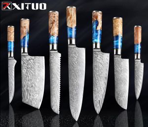 Xituo Kitchen Knivesset Damascus Steel VG10 Chef Knife Cleaver Paring Bread Knife Blue Harts and Color Wood Handle Cooking Tool2896608