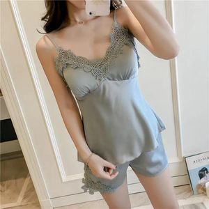 Home Clothing Ladies Sexy Silk Satin Pajama Set Lace Pyjama Sleeveless Pijama V-neck Sleepwear Sleep Wear For Women