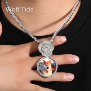 Top Quality Hip Hop Trendy Hip Hop Pendant Copper Cubic Zirconia Round Diy Photo Pendant Rose Button Diamond Jewelry Bling Crystal Rapper jewelry Collar