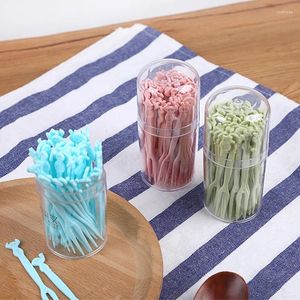 使い捨ての平らな製品50 PCS/セットミニフルーツフォークプラスチックフォークパーティーバーベキュースティックピック串焼きセットホームダイニングフードケーキツール