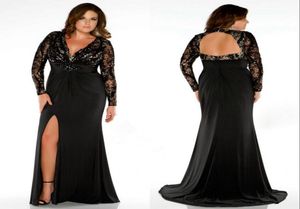 Plus Size Women Prom Abendkleider bodenlange tiefe Vneck -Rückenless Langarm High Split Mutter der Braut Formal Kleider 2012886679