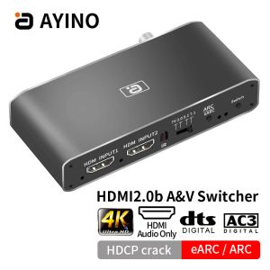 Anslutningar HDMI2.0B Switcher 2 i 1 ut EARC Audio Splitter 7.1ch Atmos Aux Coaxial Optical DAC Extractor Decoding CEC HDCP2.2 Crack HD375