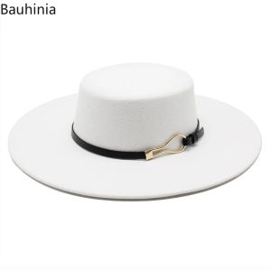 Caps Bauhiniua Wool Feel Fedoras Jazz Cap 2022 Winter Warm Flat Top Hats 10cm duże szerokie grzbiet Kolor Hats