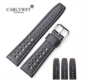 Carlywet 20 22mm Real Calf Leather Handgjorda svart med vita röda sömmar handledsklockband bandbälte7751069