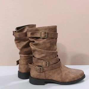 Autumn Winter Ladies Short Boots Belt Buckle Decorated Cowboy Boots Wedge Heel Thick Sole Non-Slip Outdoor Boots Travel 240411
