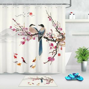 Cortinas de chuveiro estilo chinês Red Plum Magpie Fabric cortina conjunto de ganchos de decoração de banheiro