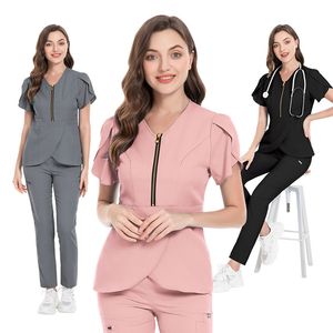 YL040 Kvinnor Grey's Anatomy Hospital Female Scrubs Suits Dental Suit Blue Short Sleeved Nurse Working Uniforms Solid Color Pet Veterinary