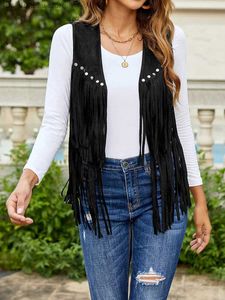 Women's Tanks Camis Vintage Women Tassel Vest 70s Hippie Faux Suede Rivets Slveless Fringe Jacket Waistcoat Strtwear S-XXXL 1 T240415