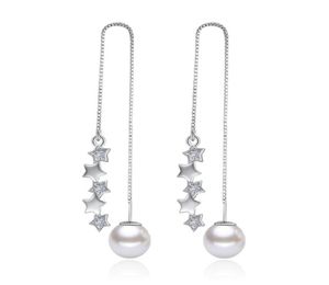 Omhxzj Whole Fashion Pentagram Pearls Star 925 Sterling Silver Tassel Pendant Drop Long Earling earrings for women ys1555264720